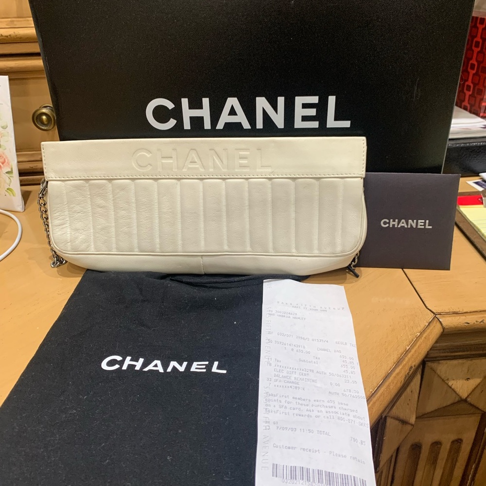 Classic White Chanel clutch bag with silver chain, measurements in photos